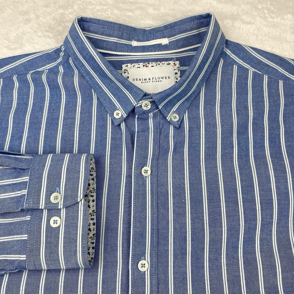 Denim & Flower Denim Shirt Mens XL Blue/White Stripes Contrasting Trim
